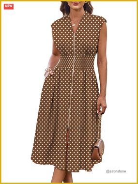 Cap Sleeve Zipper Front Flowy Midi Dress with Pockets